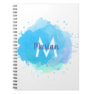 Blauw Aquarel Abstract Monogram Naam Notitieboek