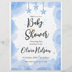 Blauw Aquarel Baby Shower, Oh Boy Baby Shower Flyer