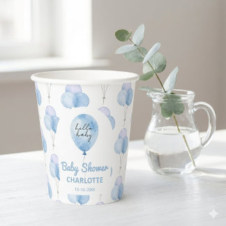 Blauw Aquarel Ballon Bloem Jongen Baby Shower  Papieren Bekers