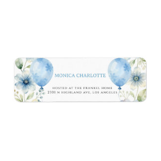 Blauw Aquarel Ballon Bloem Jongen Retouradres  Etiket