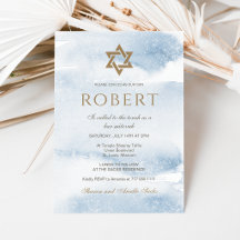 Blauw Aquarel Bar Mitswa Uitnodiging | Gouden Ster