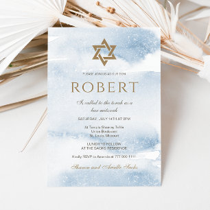 Blauw Aquarel Bar Mitswa Uitnodiging Gouden Ster