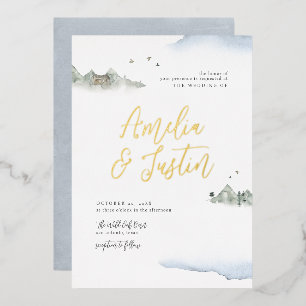 Blauw Aquarel Berg Bestemming Trouwen Folie Uitnodiging