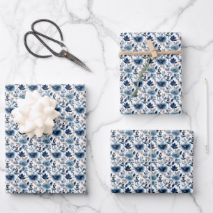 Blauw Aquarel Bloem Baby Bruidsfeest Verjaardag Inpakpapier Vel