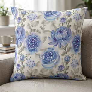 Blauw Aquarel Bloem Botanische Tuin Decoratie Kussen