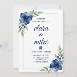 Blauw Aquarel Bloem Bruiloft Uitnodiging Template