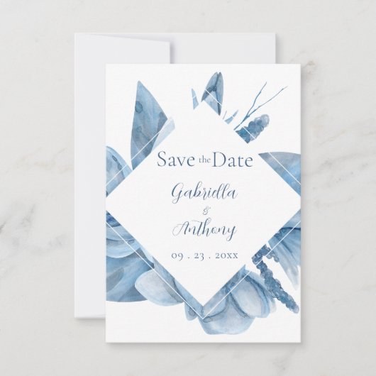 Blauw Aquarel Bloem Frame Save The Date (Voorkant)