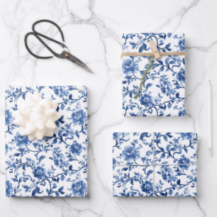 Blauw Aquarel Bloem Motief Chinees Vintage Inpakpapier Vel