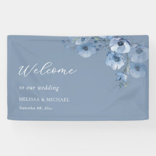 Blauw Aquarel Bloemen Bruiloft Verwelkoming Spandoek