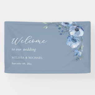 Blauw Aquarel Bloemen Bruiloft Verwelkoming Spandoek