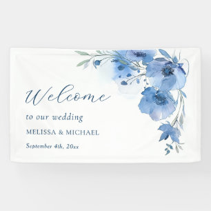 Blauw Aquarel Bloemen Bruiloft Verwelkoming Spandoek
