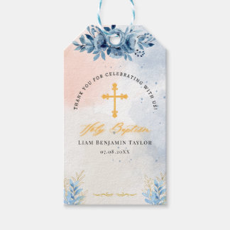 Blauw Aquarel Bloemen Jongens Doop Favor Label Cadeaulabel