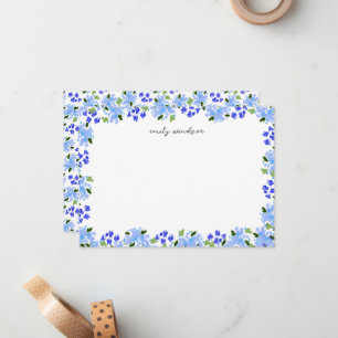 Blauw Aquarel Bloementuin Persoonlijk Notitiekaartje