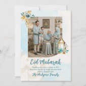 Blauw Aquarel Bloemlantaarn Familie Foto Eid Feestdagenkaart (Voorkant)