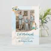 Blauw Aquarel Bloemlantaarn Familie Foto Eid Feestdagenkaart (Staand voorkant)