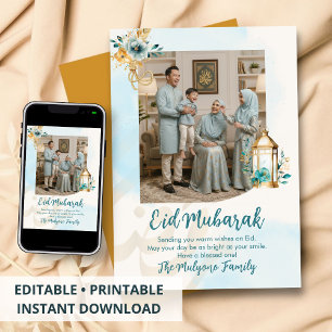 Blauw Aquarel Bloemlantaarn Familie Foto Eid Feestdagenkaart