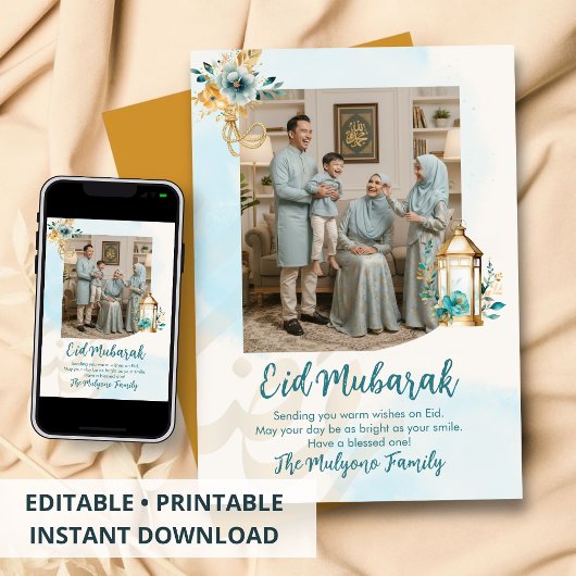 Blauw Aquarel Bloemlantaarn Familie Foto Eid Feestdagenkaart