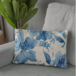 Blauw Aquarel Bloemschilderij Botanische Fantasie Accent Kussen
