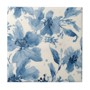 Blauw Aquarel Bloemschilderwerk Botanische Fantasi Tegeltje