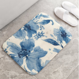 Blauw Aquarel Bloemschilderwerk Botanische Whimsic Badmat
