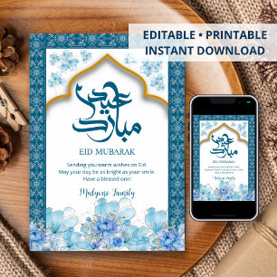 Blauw Aquarel Bloemstuk Eid Mubarak Kaart