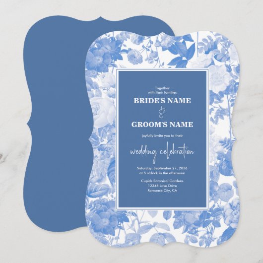 Blauw Aquarel Botanisch Bloemstuk Bruiloft Kaart (Voorkant / Achterkant)