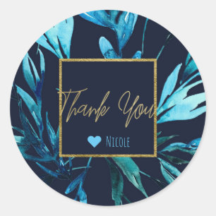 Blauw Aquarel Botanisch Glam Bruidsmeisje Favor Ronde Sticker