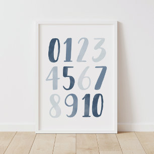 Blauw Aquarel Cijfers Educatieve Kinderkamer Decor Poster