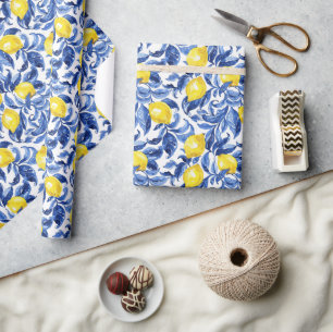 Blauw Aquarel Citroen Patroon  Cadeaupapier