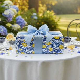 Blauw Aquarel Citroen Patroon  Cadeaupapier