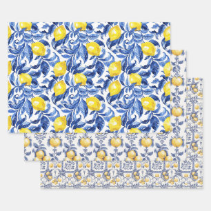 Blauw Aquarel Citroen Patroon  Inpakpapier Vel