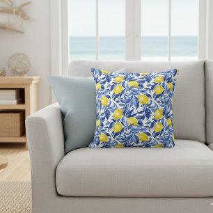 Blauw Aquarel Citroen Patroon Kussen