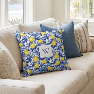 Blauw Aquarel Citroen Patroon Monogram Kussen