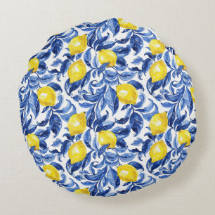 Blauw Aquarel Citroen Patroon Rond Kussen