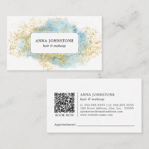Blauw aquarel en gouden QR-code Afspraak Visitekaartje