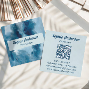 Blauw Aquarel Geode QR Code Professioneel Vierkante Visitekaartje