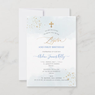 Blauw Aquarel Goud Doop+1e Verjaardag Kaart