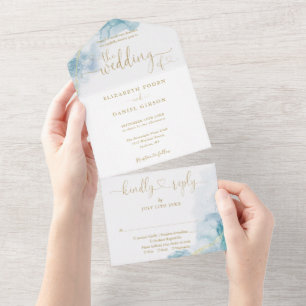 Blauw Aquarel Goud Schrift Harten Bruiloft All In One Uitnodiging