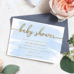 Blauw Aquarel Gouden Baby Shower Uitnodiging