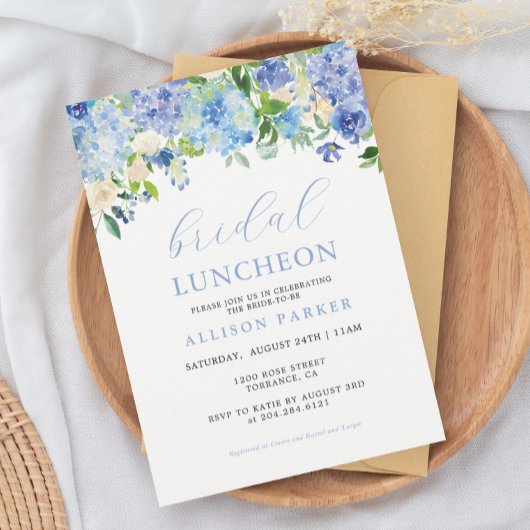 Blauw Aquarel Hydrangea Bloem Bruiloft Luncheon Kaart