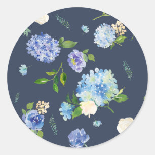 Blauw Aquarel Hydrangea en Roos Bloemmotief Ronde Sticker