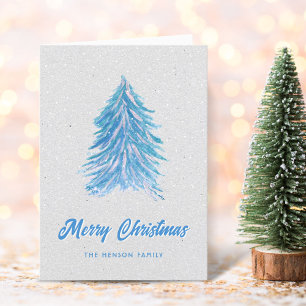 Blauw Aquarel Kerstboom Eenvoudig Vrolijk  Feestdagen Kaart