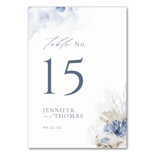 Blauw aquarel koraal & schelpen strand Bruiloft Kaart (Achterkant)