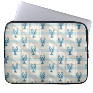 Blauw Aquarel Kreeftpatroon op Kuststreep Laptop Sleeve