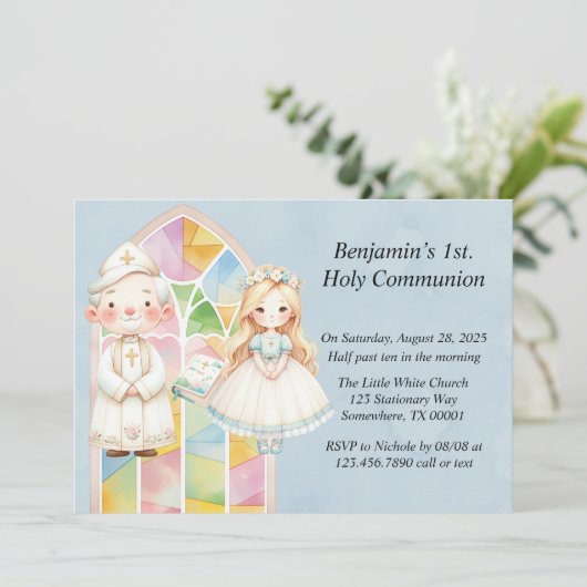 Blauw Aquarel Meisje 1e Heilige Communie Kaart (Staand voorkant)