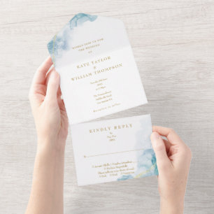 Blauw Aquarel Modern Gouden Bruiloft All In One Uitnodiging