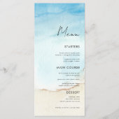 Blauw Aquarel Oceaan Strand Zand Trouwdiner Menu (Voorkant)
