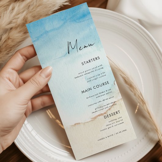 Blauw Aquarel Oceaan Strand Zand Trouwdiner Menu