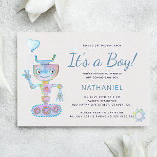 Blauw aquarel schattig robot het is een jongen bab kaart