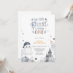 Blauw Aquarel Schattig Spookje Halloween Verjaarda Kaart